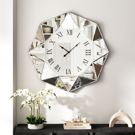 23.4in Modern Glam Geometric Mirrored Wall Clock - Faceted Diamond-Shaped Mirror Clock with Roman Numerals for Living Room, Bedroom, Home Accent