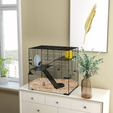 23.5" Hamster Cage, Gerbil Cage with Glass Basin for Small Hamsters, Black