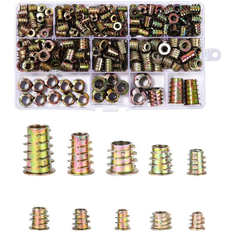 236 Pcs Insert Fileté Bois de Zinc M4 M5 M6 M8 M10, Écrous à Visser Douille, écrous hexagonaux Alliage, avec inserts filetés, écrous à visser douille