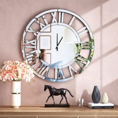 23.6in Modern Glam Mirrored Wall Clock - Oversized Decorative Round Mirror Clock with Roman Numerals for Living Room, Bedroom, Home Accent