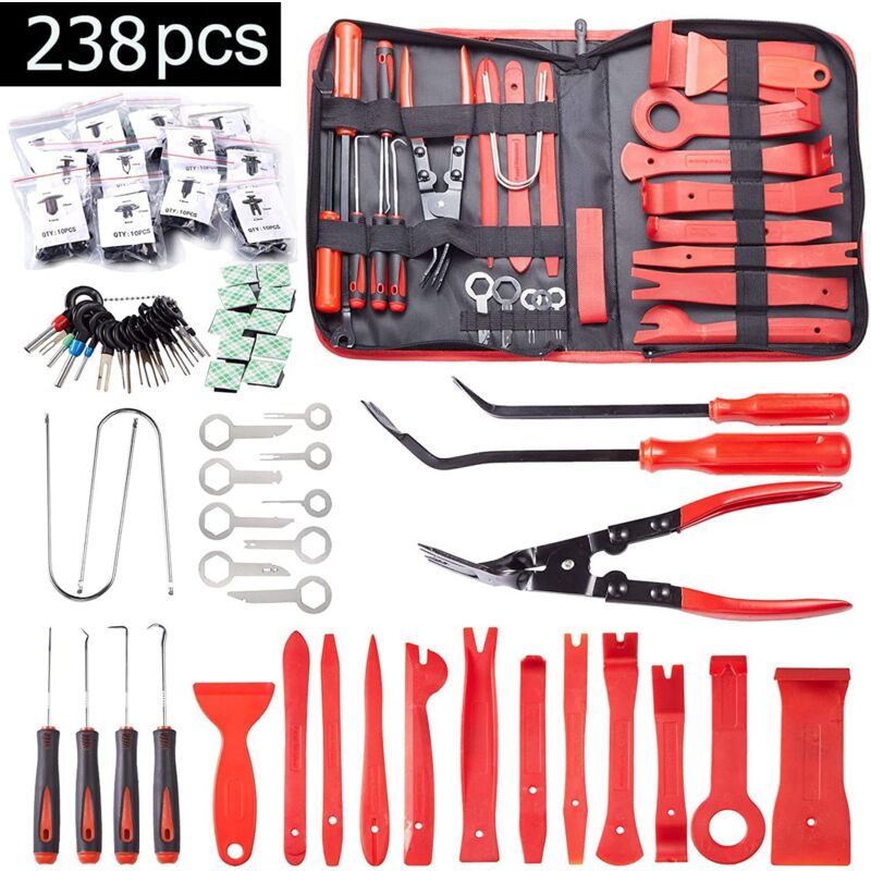 238 Pièces Outils De DéMontage De Garnitures Trousse, pour Panneau Accessoires Porte Autoradio Tableau De Bord De Voiture, avec Broches De Retenue,