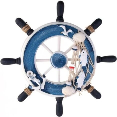 23cm Barre à roue de Bateau à Plage en Bois Filet de Pêche Décoration de Maison Murale(Bleu)