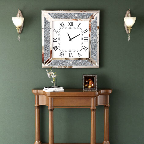 23in Modern Glam Mirrored Crystal Square Wall Clock - Decorative Roman Numeral Clock for Living Room, Bedroom, Home Accent