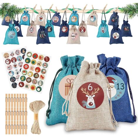 24 Adventskalender zum Befüllen, Stoffbeutel, Weihnachtskalender (24 Stoffbeutel, 48 Adventskalender-Zahlenaufkleber, 24 Wäscheklammern aus Holz, 10 m Hanfseil) Leinen/Grün/Blau