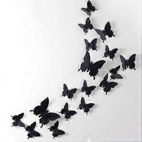 24 autocollants muraux papillons 3D amovibles pour la décoration de la maison et de la chambre (noir)