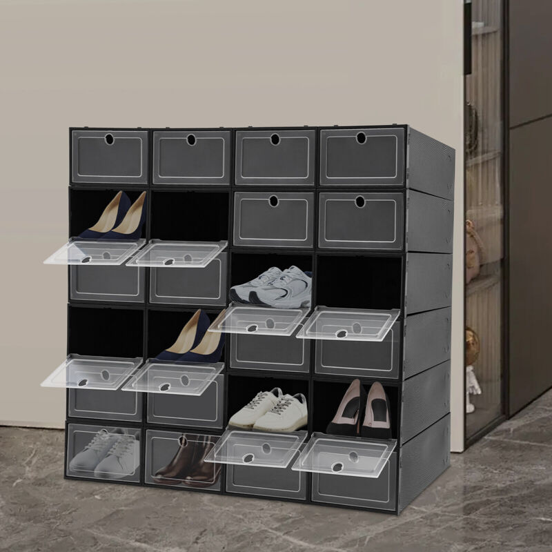 24 boîtes à chaussures, empilables et pliables, en plastique noir avec couvercles, unisexes, dimensions : 33 x 23 x 14 centimètres