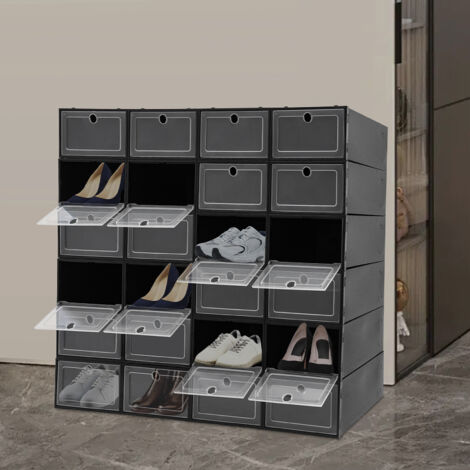24 boîtes à chaussures, empilables et pliables, en plastique noir avec couvercles, unisexes, dimensions : 33 x 23 x 14 centimètres