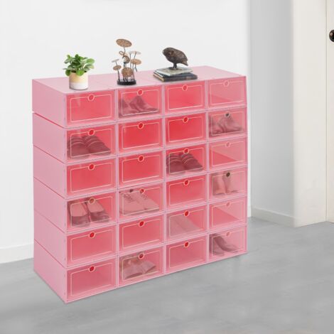24 boîtes à chaussures, empilables et pliables, roses, avec couvercle, pour hommes et femmes, dimensions : 33 x 23 x 14 cm
