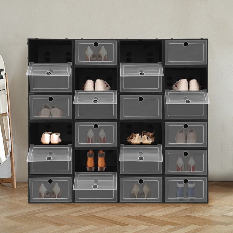 24 boîtes à chaussures noires, 24 grandes boîtes à chaussures avec couvercle rabattable, étagères à chaussures empilables, boîtes à chaussures