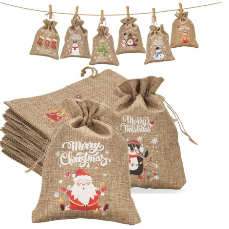 24 bolsas para calendario de Adviento, bolsas de yute rellenables para calendario de Adviento, bolsitas de yute de 10x15 cm con