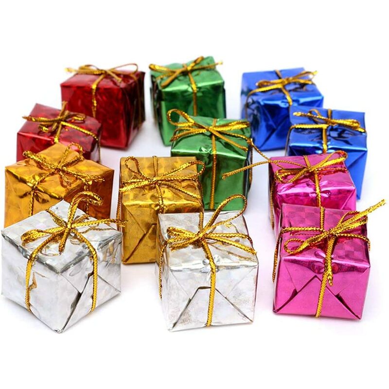 

24 Cajas de regalo para árbol de Navidad fabricadas en aluminio de diferentes colores, Cajas de regalo de Navidad decoradas con adornos navideños,