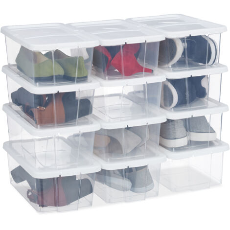 24 Cajas Plástico para Zapatos, Apilables, Organizadores Calzado, con Tapa, 12,5x20x34,5cm, Blanco