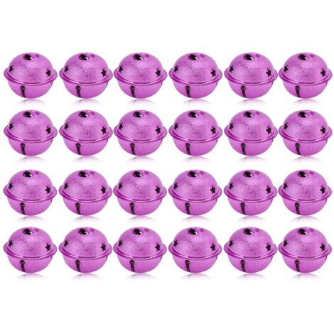 24 cloches de Noël 40mm en fer peint, pentagramme évidé, décoration givrée et porte-clés violet