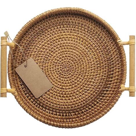 (24 cm Durchmesser) Brot- und Obstkorb, rundes Serviertablett aus Weide mit Griffen, Rattan