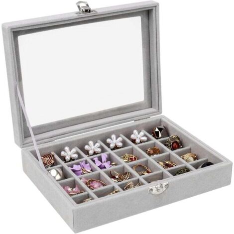 24 Compartiments Boîte de Rangement avec Clair Couvercle, Plateau de Presentoir Bijoux pour Bague, Boucle d'oreille, Collier, Boite Vitrée de Rangement Bijoux