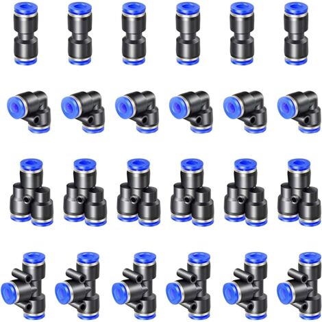 24 Connecteur Pneumatique, 12mm Raccord Rapide, 6 Droits 6 Coudés 6 Tés 6 Y, Air Comprimé