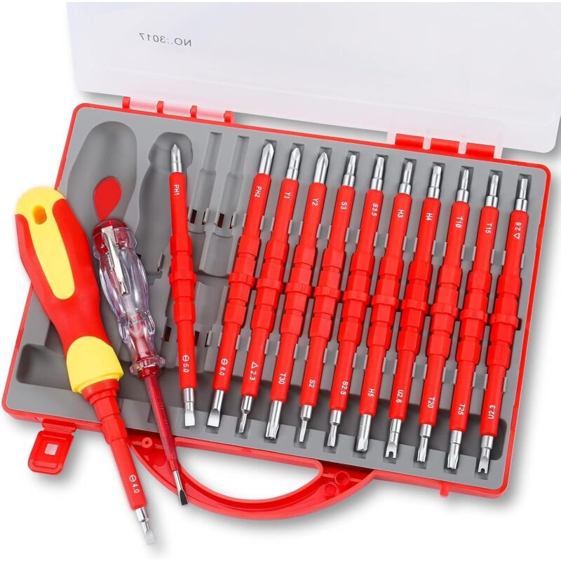 24 en 1 Tournevis Electricien, Tournevis Isolé, Jeu de Tournevis, Coffret Tournevis, VDE Lot de Tournevis Isolés Interchangeables avec Testeur de