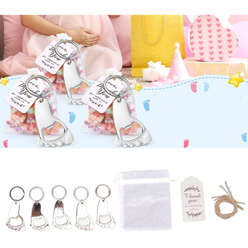 Ugreat - 24 ensembles de porte-clés d'empreintes de bébé avec sacs en organza Étiquettes de remerciement Corde pour fête de naissance