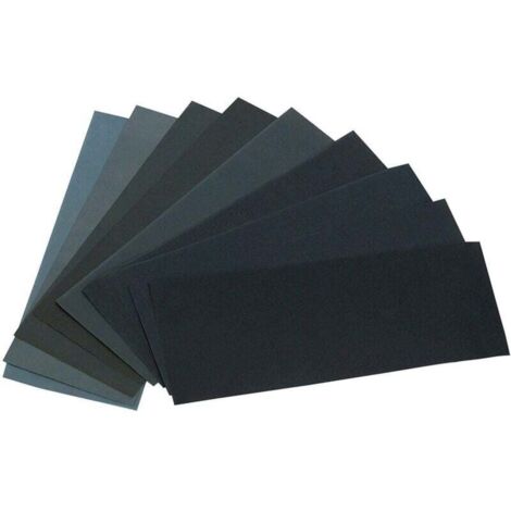24 feuilles de papier de verre assorties, 12 grains différents, adaptées au ponçage du bois et du métal, pour une utilisation à sec ou à l'eau. Grains : 120/150/180/240/320/400/600/800/1000/1500/2500/