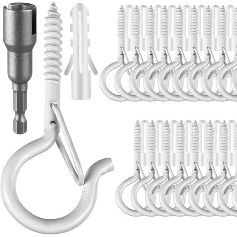24 ganchos Q, ganchos de rosca para guirnaldas de luces exteriores para colgar coronas navideñas, con manguitos divididos, color blanco.