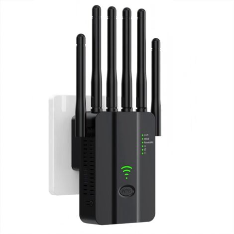 2,4-GHz-Single-Band-WLAN-Repeater – 300-Mbit/s-WLAN-Verstärker, 6 Antennen, 2 Gigabit-LAN-Anschlüsse, WPS-Ein-Tasten-Bedienung, Schwarz
