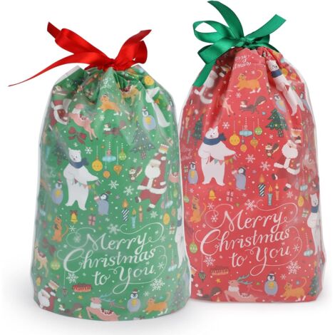 24 grands sacs cadeaux de Noël, sacs à cordon, emballage cadeau