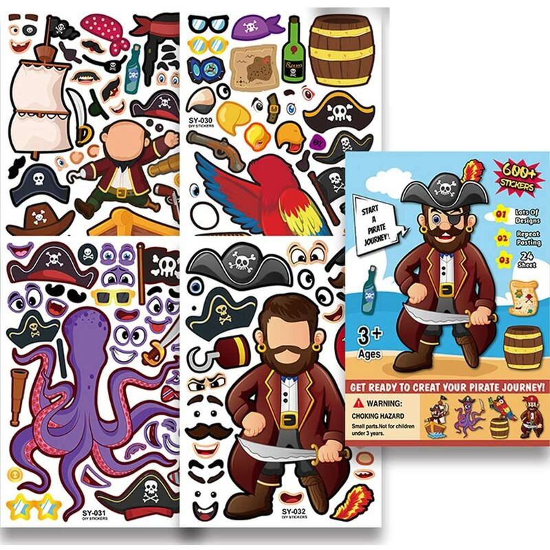 

24 hojas de pegatinas piratas, haz una pegatina pirata, crea tu propio gran pirata, juego de manualidades con pegatinas para fiestas temáticas