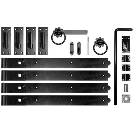 24 Inch Double Gate Fittings Set Hook & Band Hinge, Latch, Drop Bolt - Black