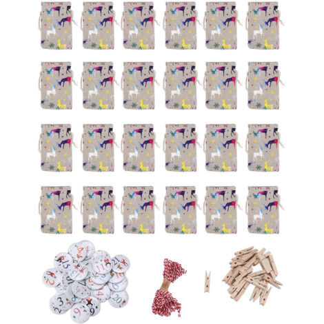24 Leinenbeutel mit Kordelzug und Clips für Süßigkeiten und Weihnachtsdekorationen, im Rentier-Stil