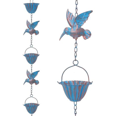 2,4 m lange Regenrinne mit Kolibris – Retro-Metallkette in Blau, 7 Vögel und 7 Rinnenkappen, Gartendekoration
