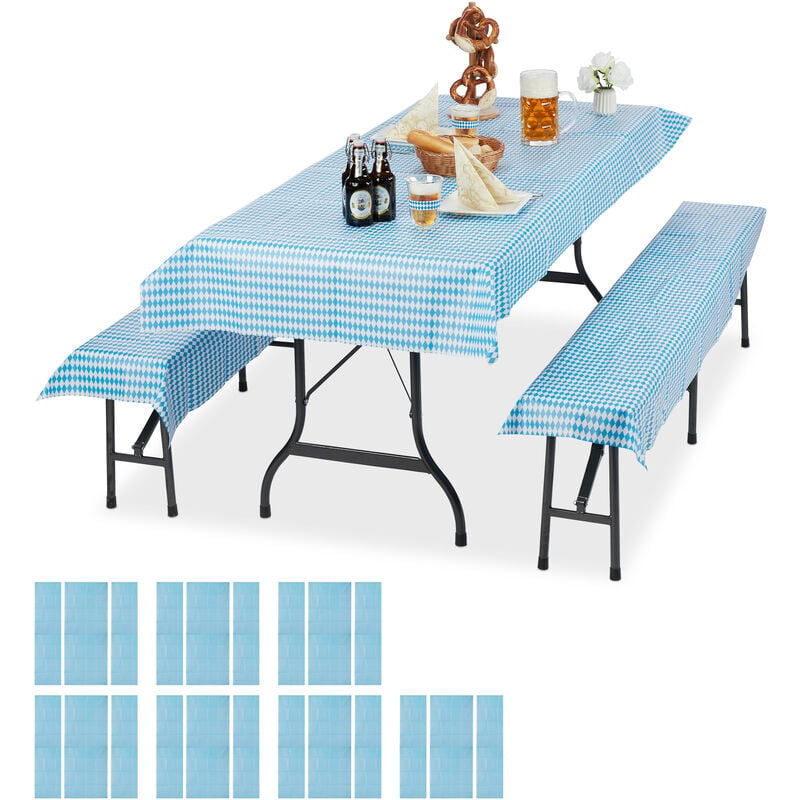 Ensemble pour tente Coussins, jeu de 24 pièces, 8 nappes table 250x100cm, 16 housses pour bancs, lavable, bleu-blanc