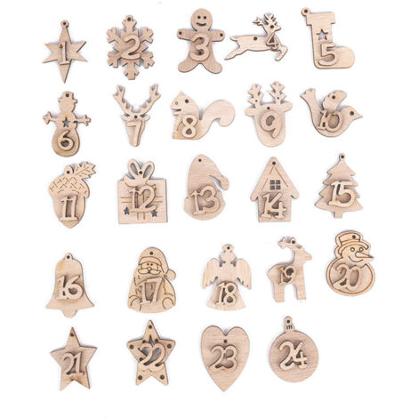 24 nummerierte Holzaufkleber für Adventskalender, hängende Zahlen, Geschenkaufkleber, Weihnachtsdekoration, Weihnachtsbaumornamente, Perlenanhänger zum Aufhängen
