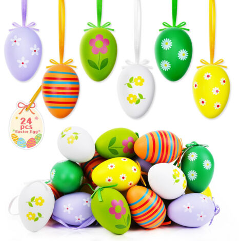 24 Œufs de Pâques à Suspendre 6×4 cm, Décorations Plastique pour Arbre, Maison, Jardin, École et Fête de Pâques