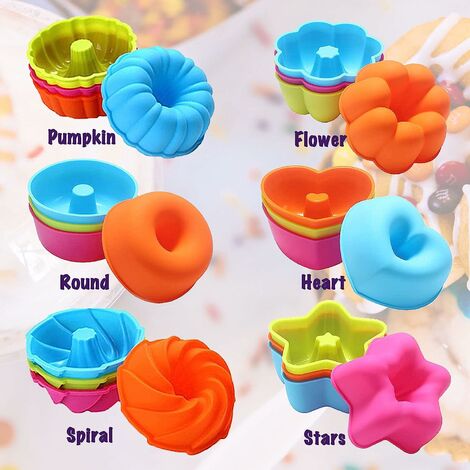 36 Pcs Silicone Muffin Mold, Baking Accessory, Non-Stick Cupcake Mold,  Individual Baking Mold, 4 Patterns Round Star Flower Heart, 6 Color, Easy