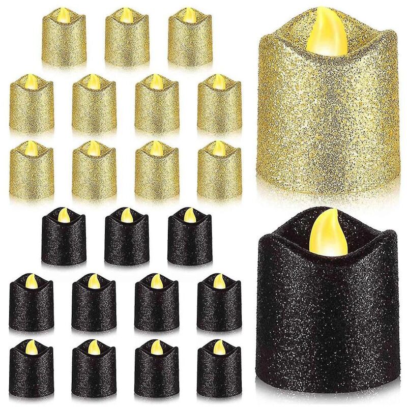 Lot de 24 bougies votives dorées sans flamme à led noires à paillettes, alimentées par piles, chaudes