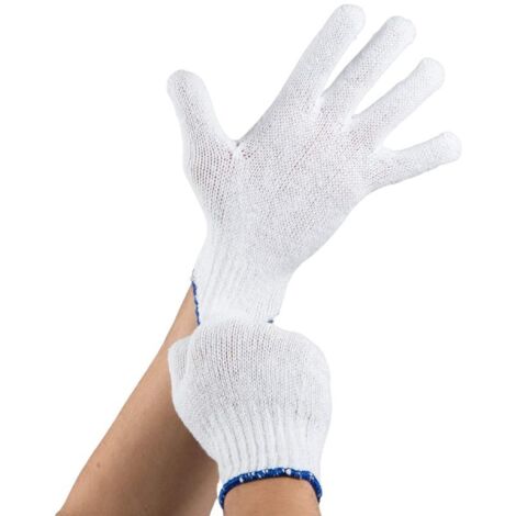 24 pares de guantes de trabajo industriales protectores sin costuras, fabricados en algodón y poliéster tejidos, color blanco.