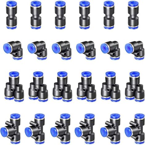 24 pcs Bleu Raccords Rapides pneumatiques, Raccords Rapides Pneumatiques Tuyau Pneumatique Connecteur 4 Formes, Droits Type/Coudés Type/Y Type/T Type/Combo Connecteur Pneumatique(12mm)