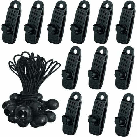 24 Pcs Clip de Tente Bâche avec 12x Pince pour bache et 12x Tendeur Corde Elastique, Pince a oeillet pour bache Camping Accessoires pour Tentes, bache Piscine, Bâches, Auvents, Gazebos Tente