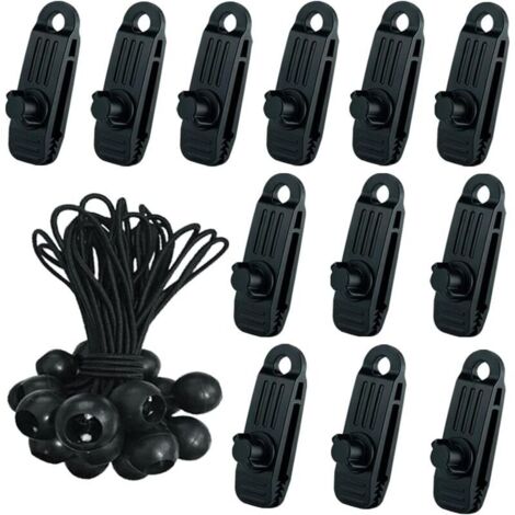 24 Pcs Clip de Tente Bâche avec 12x Pince pour bache et 12x Tendeur Corde Elastique, Pince a oeillet pour bache Camping Accessoires pour Tentes, bache Piscine, Bâches, Auvents, Gazebos Tente-