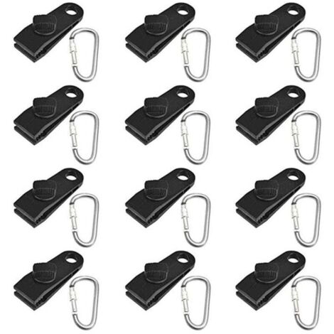 24 PCS Clip de Tente, Pince d'Auvent, Pince pour Bache, pour Tenir La Bâche,Plastique Clips de Pinces de Camping avec Mousqueton en Acier Lnoxydable (Noir)