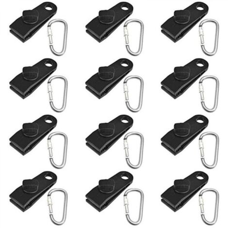 24 PCS Clip de Tente, Pince d'Auvent, Pince pour Bache, pour Tenir La Bâche,Plastique Clips de Pinces de Camping avec Mousqueton en Acier Lnoxydable (Noir)