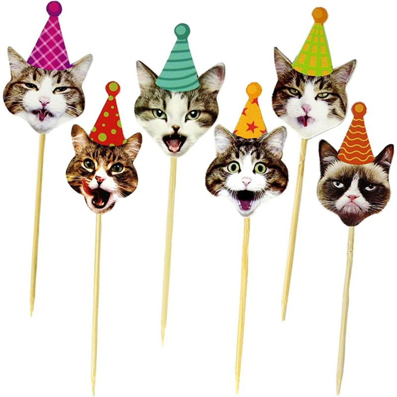 24 Pcs Grumpy Cat Cupcake Toppers, Mignon Dessin Animé Tête de Chat Gâteau Cupcake Pics pour Enfants Anniversaire Chat Décorations