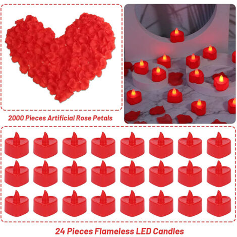 24 pcs LED electronic candle lamp romantic birthday surprise proposal layout scene birthday heart-shaped candle decorative atmosphere light white shell warm light-2,000 petals