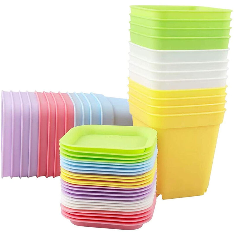 Petites Ecrevisses - 24 Pcs Petits Pots de Fleurs en Plastique avec Plateaux Pots de Plantes Coloré avec Trous de Drainage