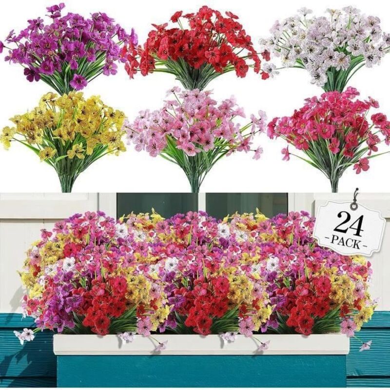 24 pcs Plastique Fleurs Artificielles, Extérieur Faux Fleurs Verdure Plante Décoration pour Maison Jardin Bureau Balcon