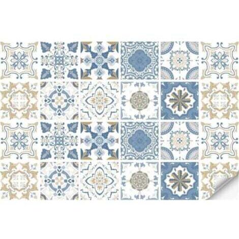 24 Pcs(20x20cm) Autocollant de carrelage bleu Peel and Stick Dosseret, décoration en PVC imperméable à l'eau et à l'huile Peel