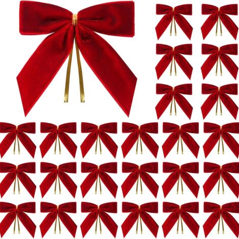 24 petits nœuds de Noël en velours rouge, parfaits pour décorer les sapins de Noël, les couronnes, les emballages cadeaux, les fêtes et réaliser des nœuds.