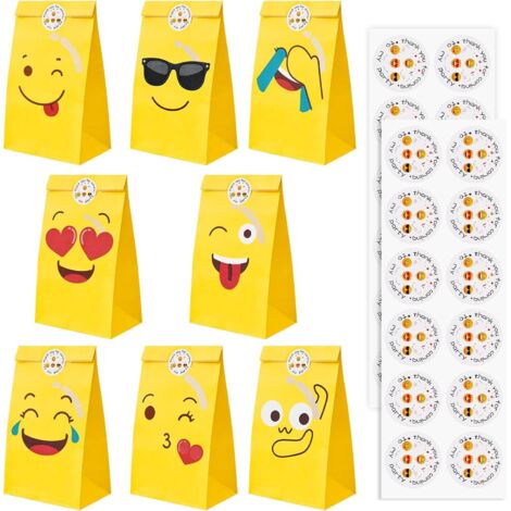 24 pezzi Emoji Candy Bags, sacchetti regalo di carta con 24 adesivi, piccoli sacchetti di caramelle di compleanno, 8 modelli di sacchetti regalo di carta, per imballaggio, biscotti, fudge, festa, matr
