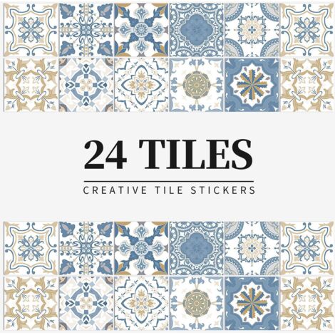 24 Pices Carreau De Fleur Autocollant 1515cm-bleu, Cuisine Salle De Bain Bibliothque Impermable Et Rsistant  L'huile, Papier Autocollant Pvc, Sti