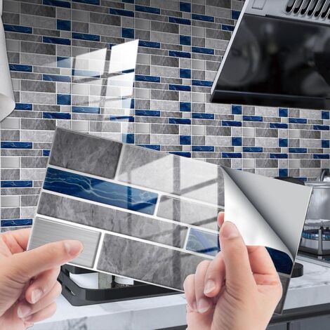 24 Pices Mosaque Autocollante 10x20cm - Gris Bleu, Cuisine Salle De Bain Stickers Bibliothque, Pvc Stickers, Vintage Wall Stickers Waterproof Remo